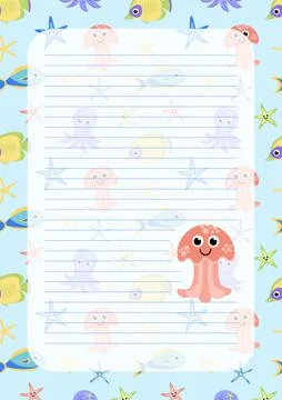 Note paper or notebook sheet with jellyfish. Flat, cartoon, vector Stock Illustration