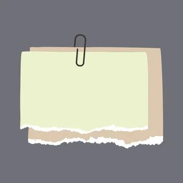 Note paper with pin, binder clip. Blank sheet, torn piece of paper and notebook Stock Illustration