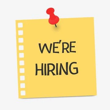 Note paper with push pin. Sheet, sticky note or notebook page with text We're Stock Illustration