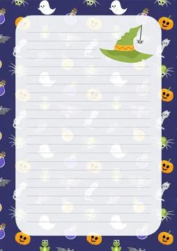 Note paper with wizard or witch hat. Halloween notebook sheet. Cartoon, flat Stock Illustration