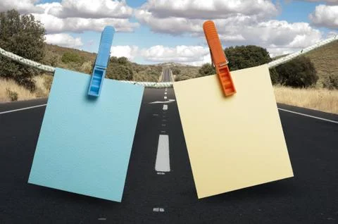 Note papers hooked on a rope Stock Photos