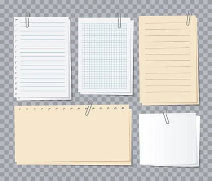 Note papers sheets. Different notepaper with paper clips, memo stickers. Notepad Stock Illustration