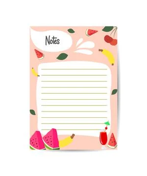 Note printable template Vector with fruit illustration. Blank white notebook  Stock Illustration