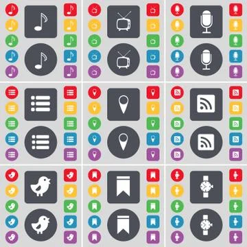 Note, Retro TV, Microphone, List, Checkpoint, RSS, Bird, Marker, Wrist watch ico Stock Illustration