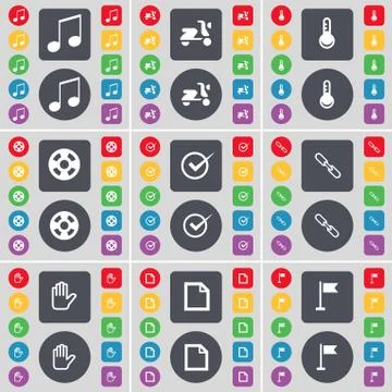 Note, Scooter, Thermometer, Videotape, Tick, Link, Hand, File, Golf hole icon sy Stock Illustration
