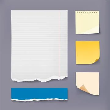 Note sheet. Notebook page. Torn edges. Ripped reminder. Folded corners. Empty Stock Illustration