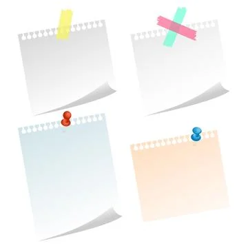 Note sheets pinned with pushpins and taped with tape 库存插图