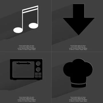 Note sign, Arrow directed down, Microwave, Cooking hat. Symbols with long shadow Stock Illustration