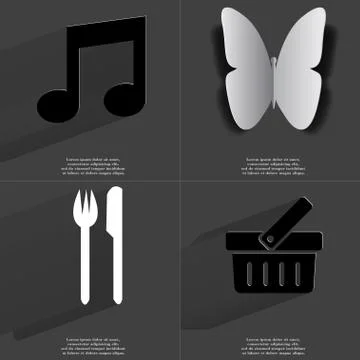 Note sign, Butterfly, Fork and knife, Basket. Symbols with long shadow. Flat des Stock Illustration