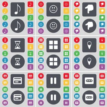 Note, Smile, Hand, Hourglass, Apps, Checkpoint, Credit card, Pause, Cassette ico Stock Illustration