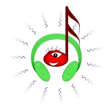 Note smiling with headphones and waves of music Stock Illustration