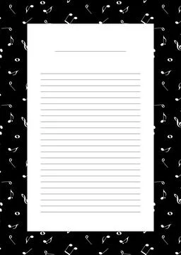 Note template page with lines, musical notes on black background Stock Illustration
