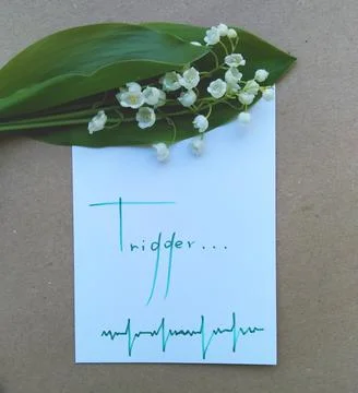 Note with text on white paper and a small bouquet of lilies of the valley Stock Photos