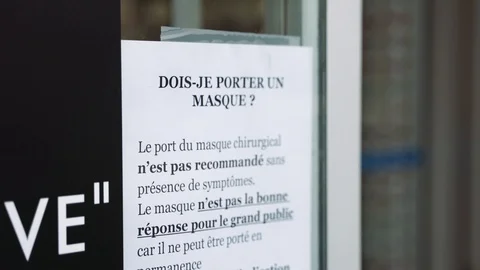 Note on the use of masks, posted on chemist's windows during coronavirus crisis Stock Footage 126753395