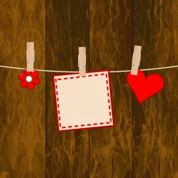 Note on the wooden background with clothespins Stock Illustration