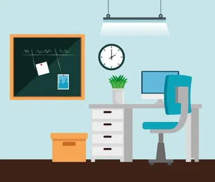 Noteboard with computer and desk with chair and clock Stock Illustration