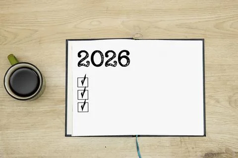 Notebook with 2026 Written on it, Checklist and Coffee Symbolizing New Year Plan Stock Photos