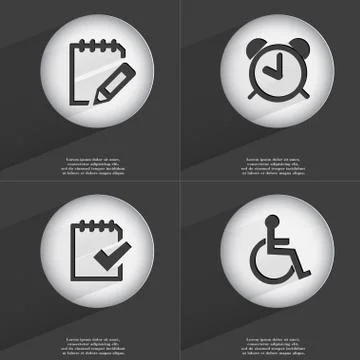 Notebook, Alarm clock, Task completed, Disabled person icon sign. Set of buttons Stock Illustration