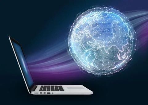Notebook and abstract digital world map of the global telecommunications network Illustrazione stock