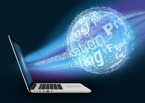 Notebook and abstract digital world map of the global telecommunications network 库存插图