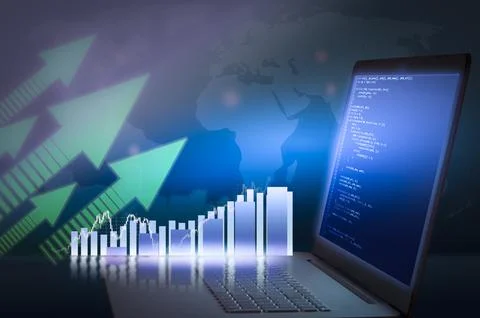 Notebook and code background. Growth of stocks and financial indicators in th Illustrazione stock