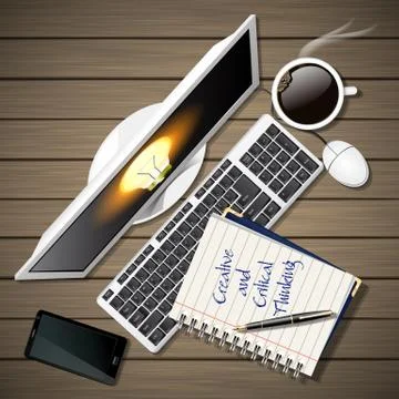 Notebook and computer with mobile phone and coffee Stock Illustration