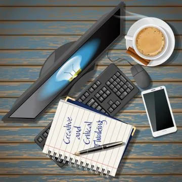 Notebook and computer with mobile phone and coffee Stock Illustration