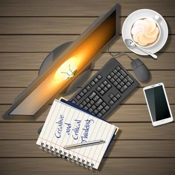 Notebook and computer with mobile phone and coffee Stock Illustration