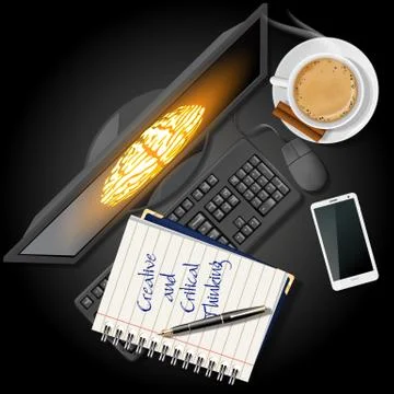 Notebook and computer with mobile phone and coffee Stock Illustration