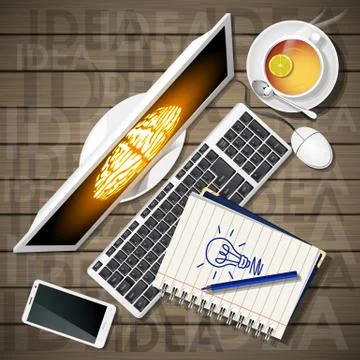 Notebook and computer with mobile phone and lemon tea Illustrazione stock