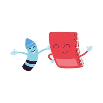 Notebook and crayons with happy face cartoon 스톡 일러스트
