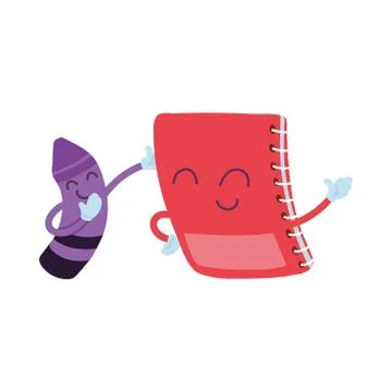 Notebook and crayons with happy face cartoon Stock Illustration