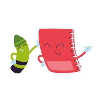 Notebook and crayons with happy face cartoon Stock Illustration