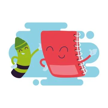 Notebook and crayons with happy face cartoon Stock Illustration