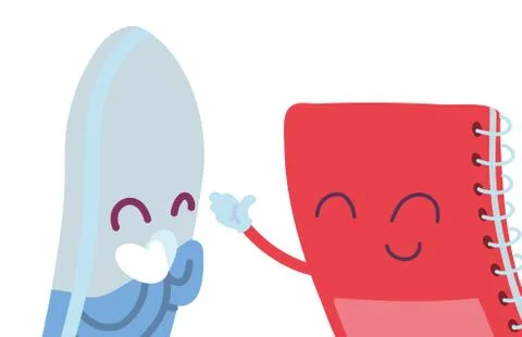 Notebook and eraser with happy face cartoon Stock Illustration