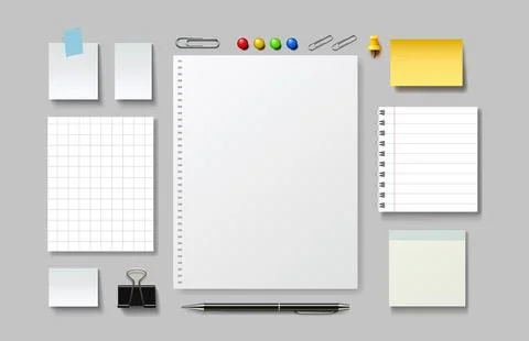 Notebook and note paper sheets, office supplies. Vector illustration Stock Illustration