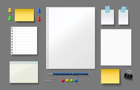 Notebook and note paper sheets, office supplies. Vector illustration Stock Illustration