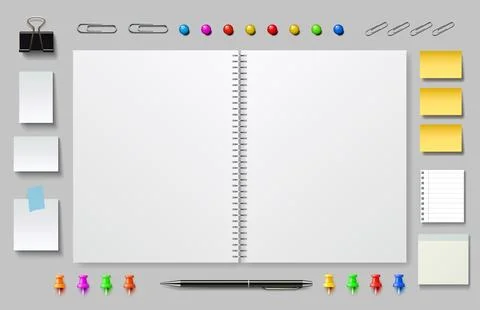 Notebook and note paper sheets, office supplies. Vector illustration 스톡 일러스트