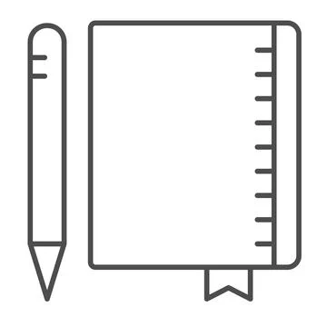 Notebook and pen, copybook, drawing block, notepad thin line icon, education Stock Illustration
