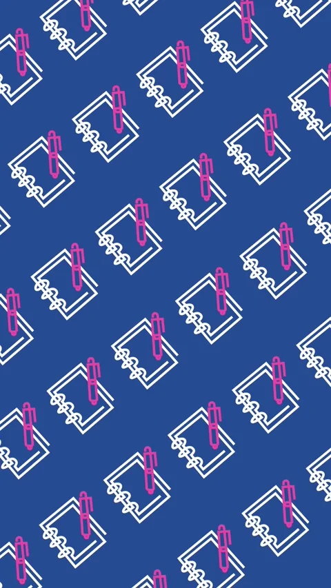Notebook and pen pattern with seamless spiral journal line art icons Stock Footage 334804608