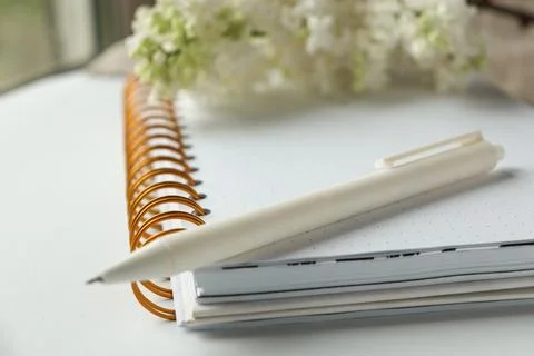 Notebook and pen placed on a table next to flowers in a sunny room in the Fotos Stock