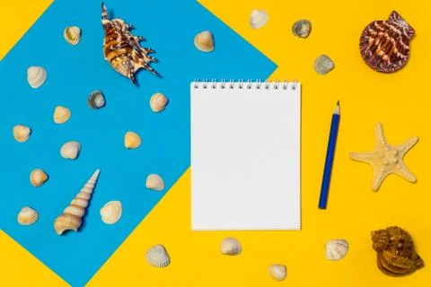 Notebook and pencil with seashells and starfish on blue and yellow paper back Foto stock