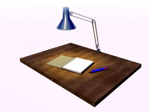 Notebook and pencil on a writing desk in the light of lamp 스톡 일러스트