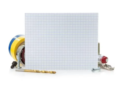 Notebook and tools on white Stock Photos