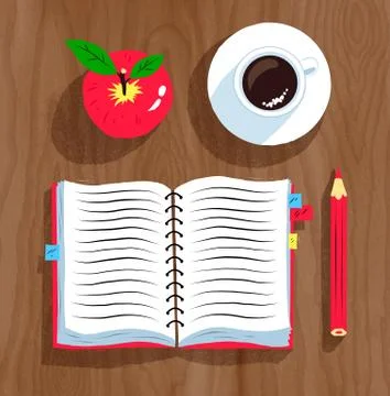 Notebook, apple and cup of coffee Stock Illustration