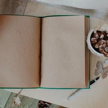Notebook in autumn composition on the table. Nerd style. Stock Photos