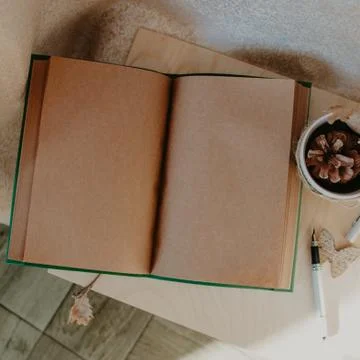 Notebook in autumn composition on the table. Nerd style. Stock Photos