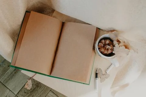 Notebook in autumn composition on the table. Nerd style. Stock Photos