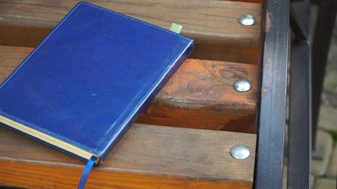 Notebook on bench in park, business concept Stock Footage 93342811