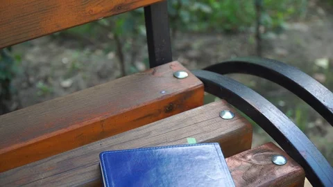 Notebook on bench in park, business concept Stock Footage 93343035